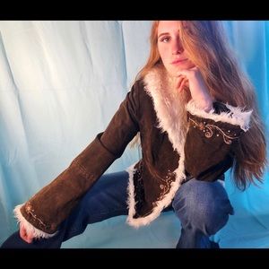 Marcelle Renee embroider leather fur jacket